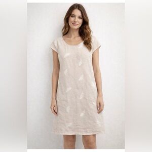 Femme Fatale Beige cream Linen Embroidered Feather Shift Dress M sustainable